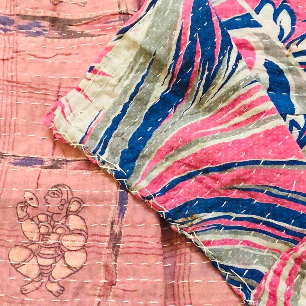 Vintage 2 Sided Bohemian Sari Kantha Quilt…
